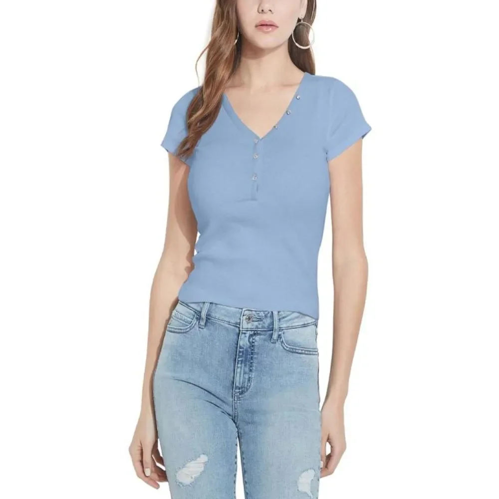 Guess Womens Blue Organic Cotton V Neck Tee T-Shirt Shirt NWT